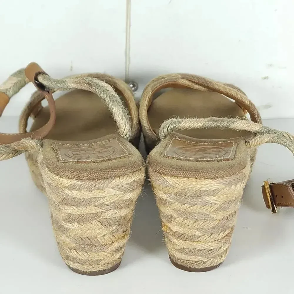 Tory Burch Camellia Women's US 8M Tan Jute Braided Rope Wedge Espadrilles
